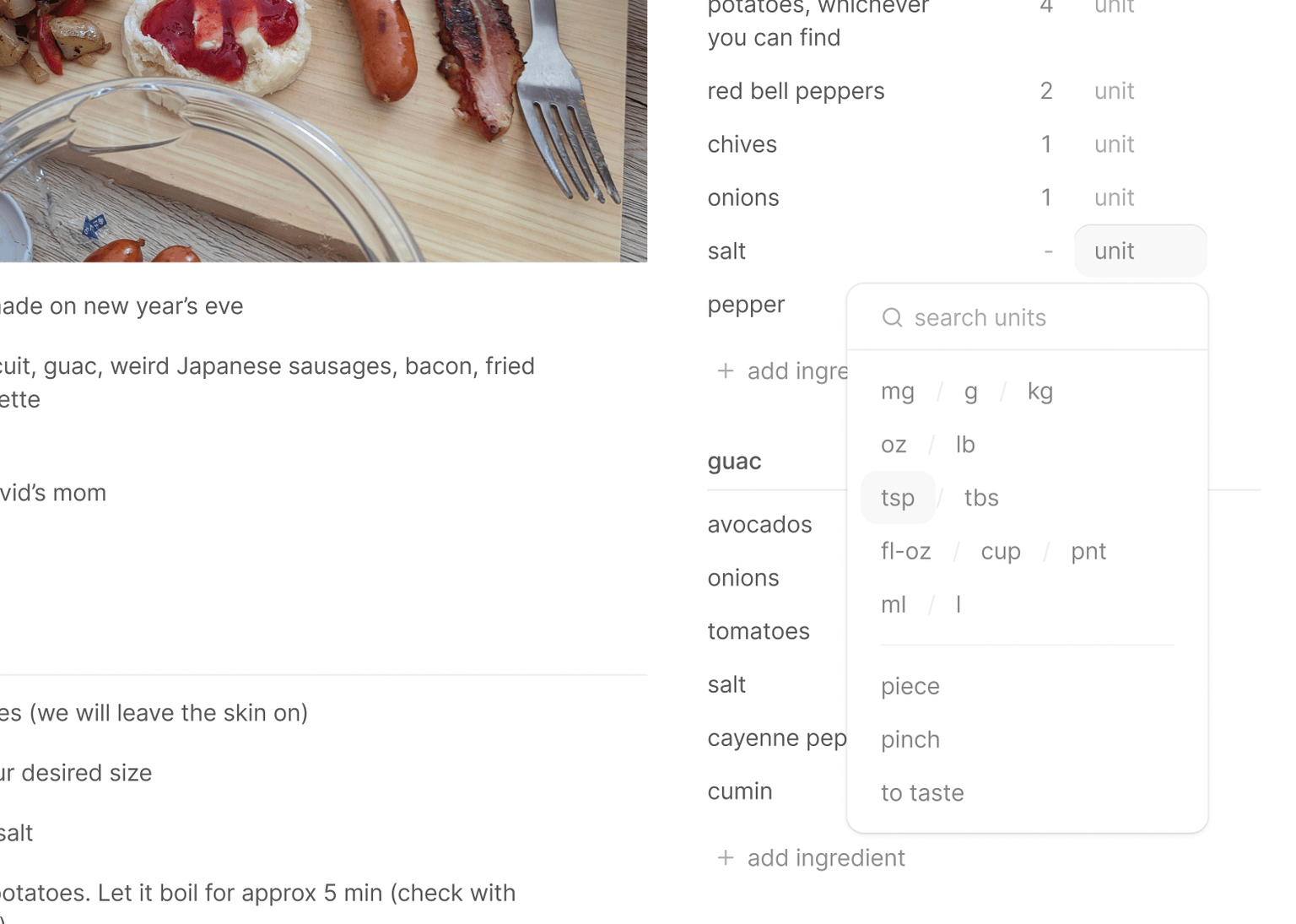Picking a unit for an ingredient